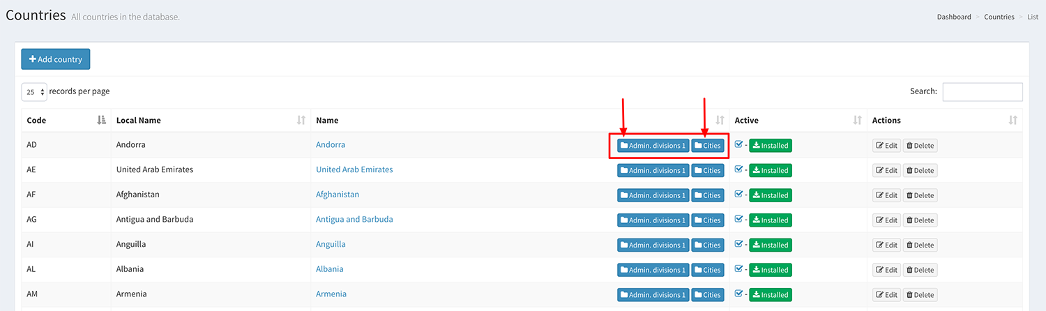 Admin Panel Geonames